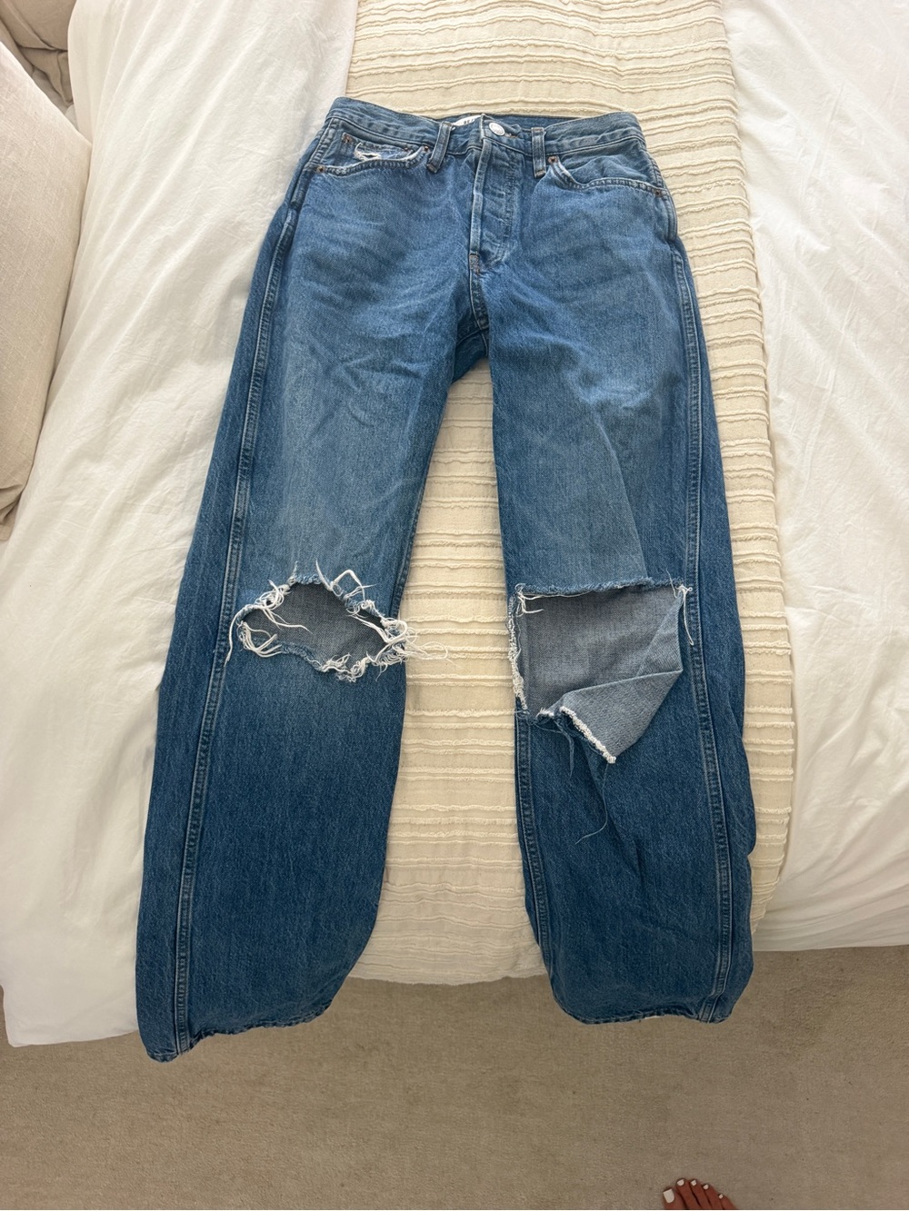 Re/Done Distressed Two-Tone Blue Denim Jeans